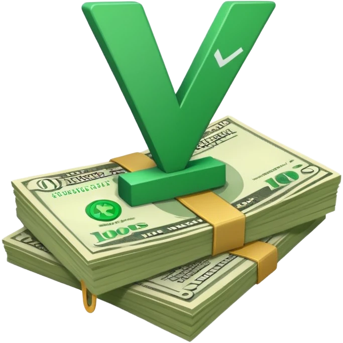 stack of bills facing up with a big green tick in the background emoji