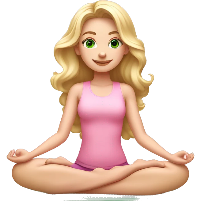 blonde long curled hair and green eyes yoga beautiful girl in light pink pink pink clothes sitting on a yoga mat emoji