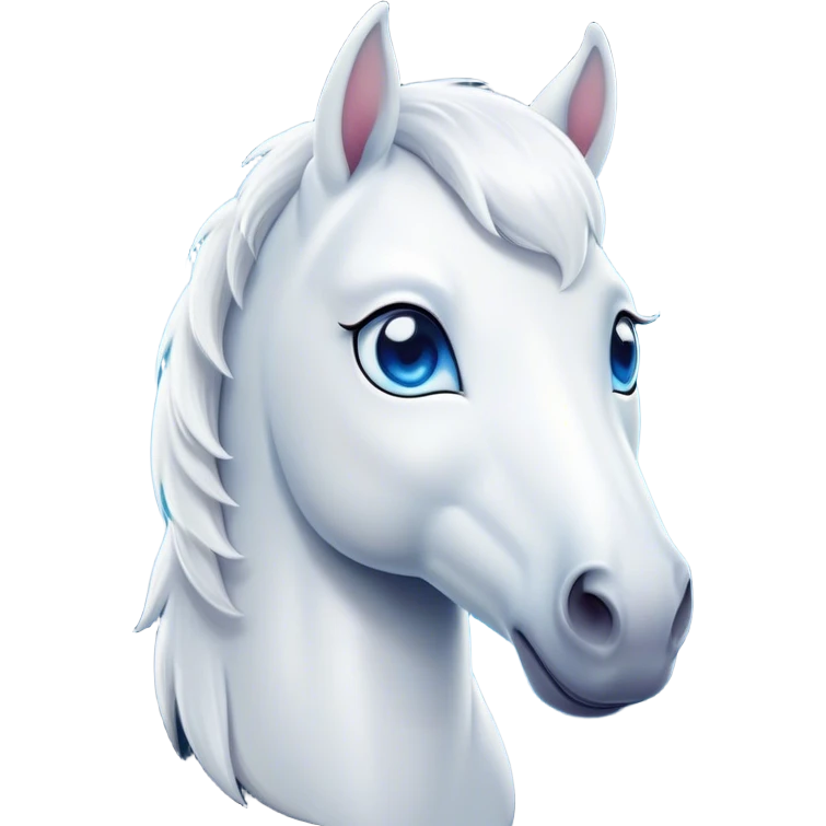 Cinematic Cute White Horse Portrait Emoji, Head tilted playfully and inquisitively, showcasing a glossy white fur with a luminous sheen and gentle, expressive blue eyes, Simplified yet irresistibly adorable features, highly detailed, glowing with a warm, friendly glow, high shine, affectionate and spirited, stylized with a touch of whimsy, bright and endearing, soft glowing outline, capturing the essence of a mischievous yet loving horse, so playful it feels like it could prance out of the screen and into your arms! emoji