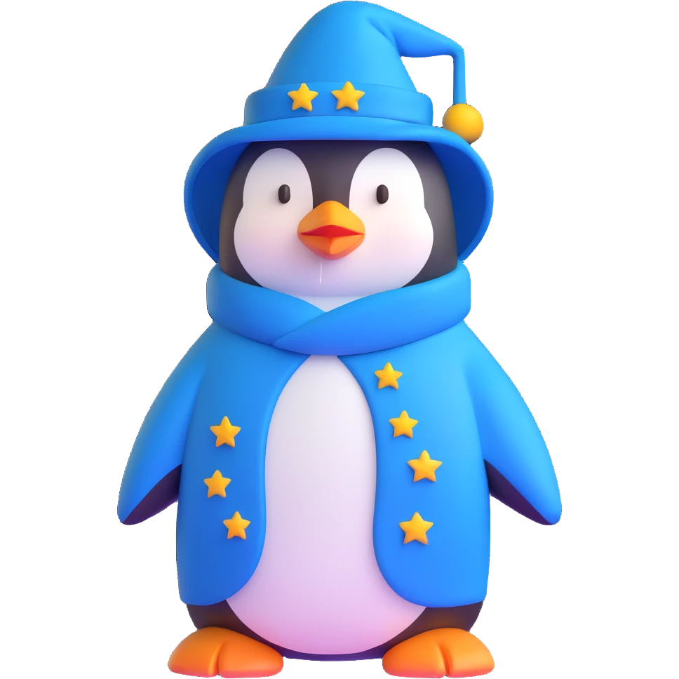 penguin wizard with a blue robe and starry hat emoji