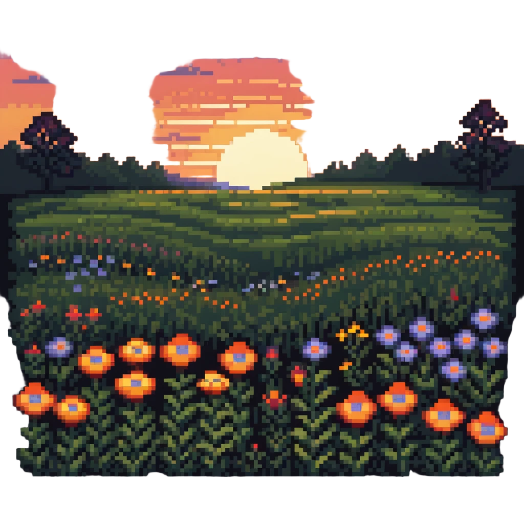 sunset over a meadow with flowers emoji