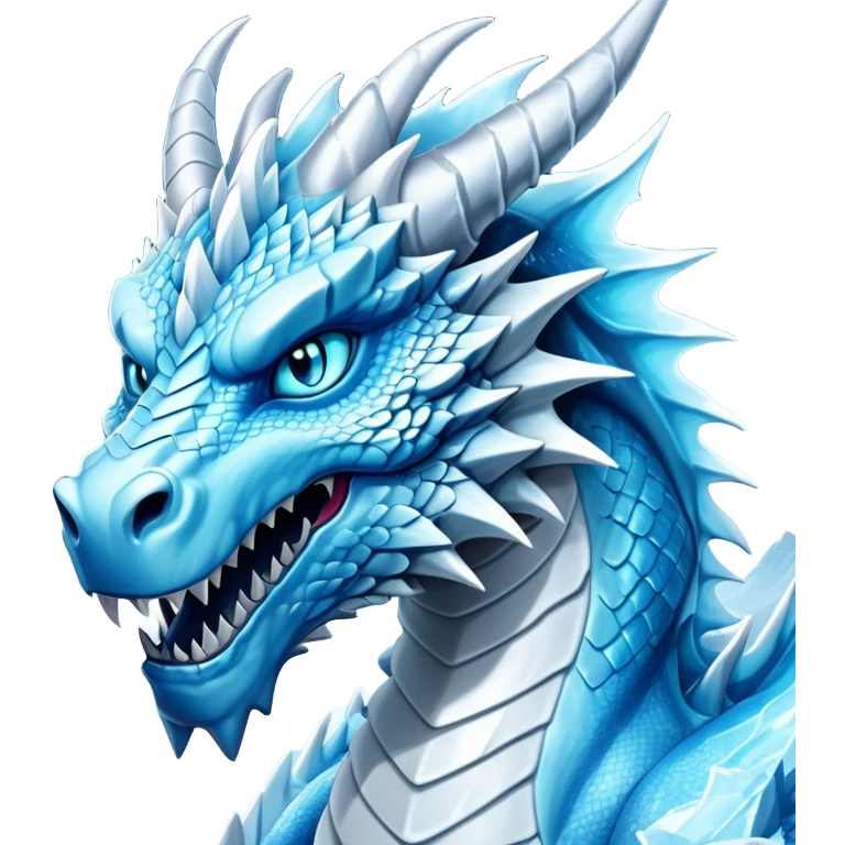 Cinematic Noble Fierce Ice Dragon Portrait Emoji, Poised and imposing, with a muscular, scaled body shimmering in glacial hues of icy blue, frostbitten silver, and crystalline white, and piercing, glowing eyes that radiate the chilling depths of an arctic storm; rendered in detail. emoji
