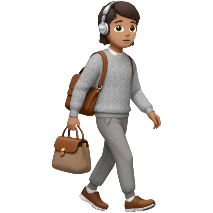 걷고 있는 사람
옷은 겨울에 어울리는 니트와 하의를 입었고 숄더백을 매었다.
머리카락 색깔은 어두운 갈색, 풀은 긴머리를 하고 있다 
귀에는 애플의 에어팟이 착용되어 있다 emoji