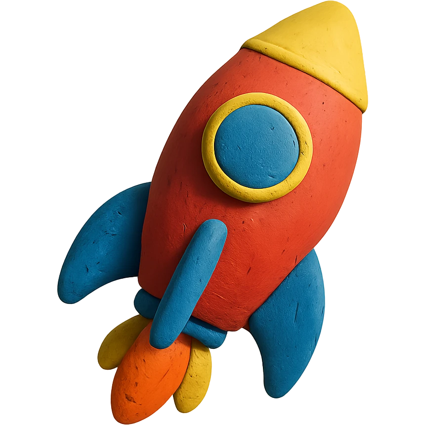 rocket ship, vibrant colors, floating, claymation style, visible fingerprints, soft lighting emoji