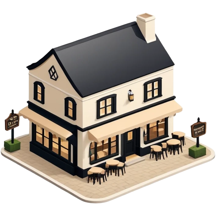 Isometric exterior little black, beige, and white mountain pub restaurant, dollhouse style 3D realistic  emoji