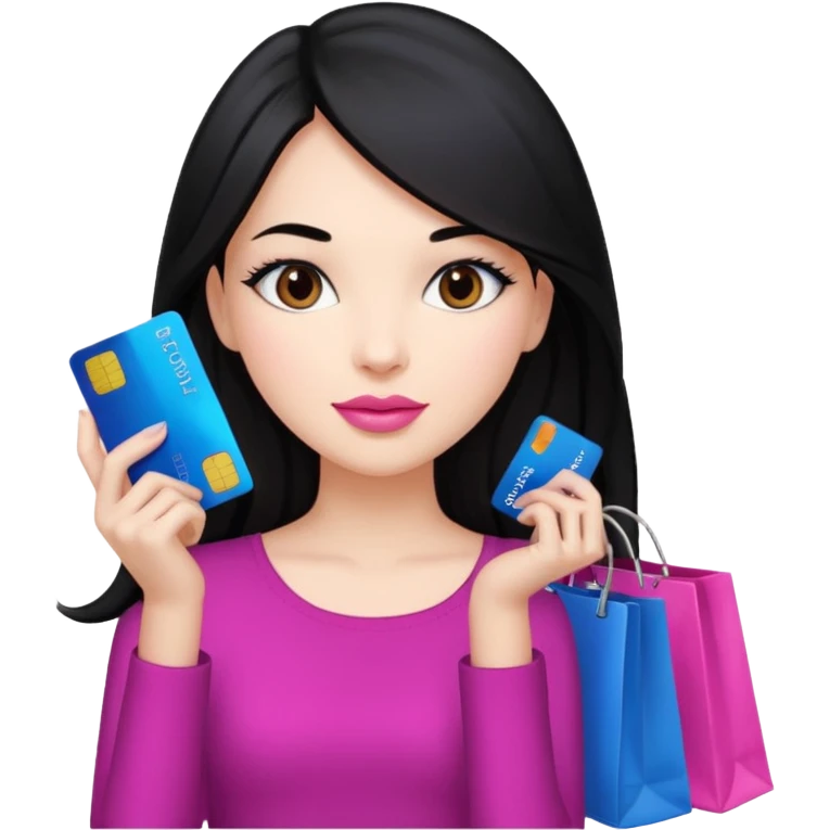 Girl with long black hair, pink lipstick, brown eyes holding shopping bags and blue credit card emoji