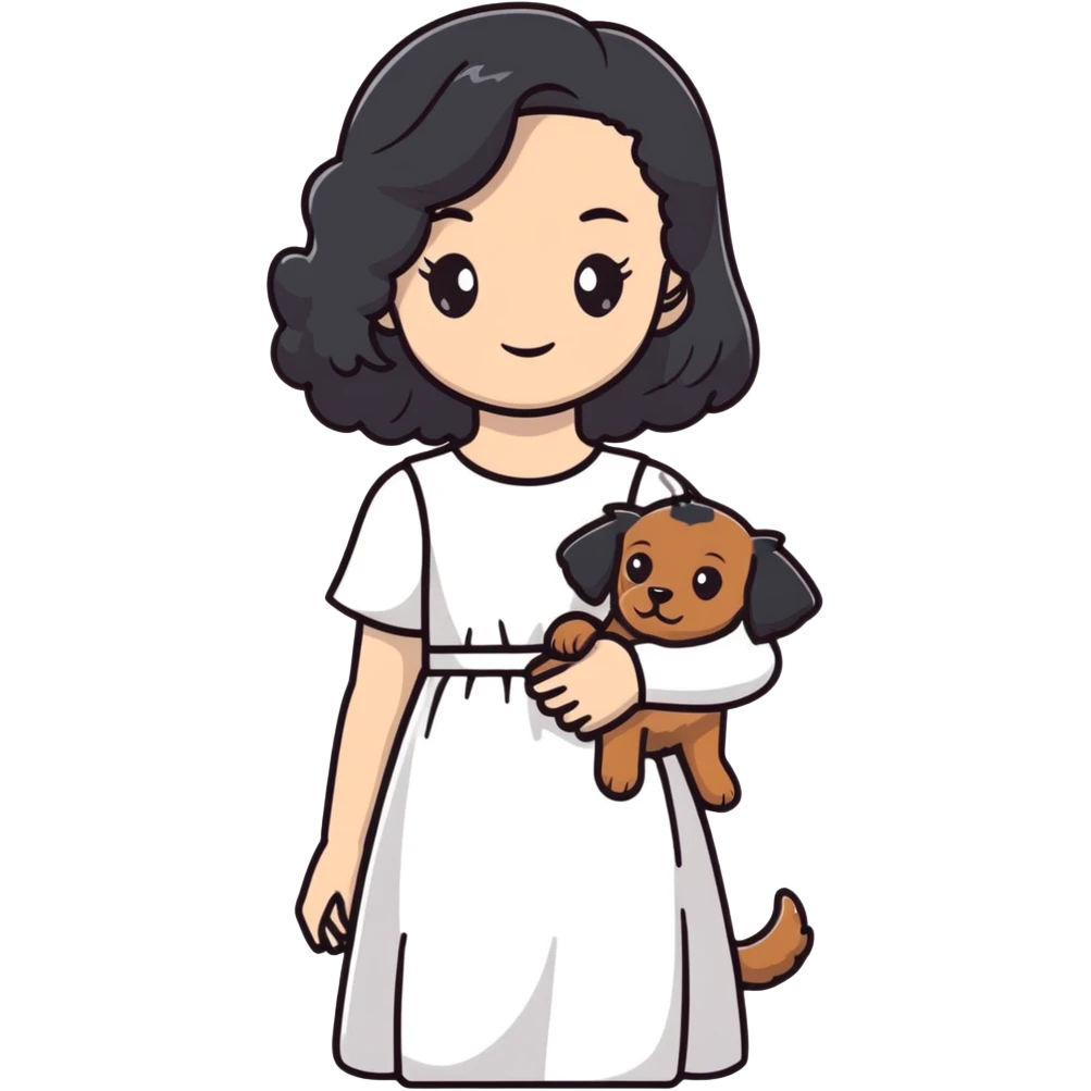 beautiful girl with long black hair in a white dress holding a small brown curly-haired dog emoji