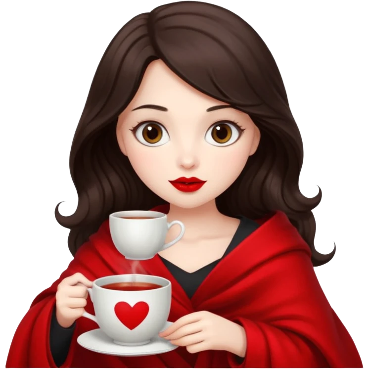 Long wavy dark brown haired, white skinned, dark big eyed girl with red lipstick wrapped in a red blanket, sipping tea and reading a book emoji