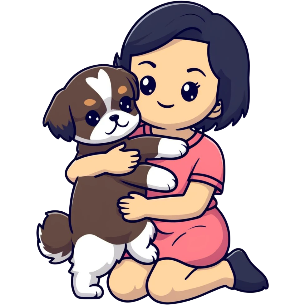 A girl with black hair hugging a Shih Tzu dog emoji