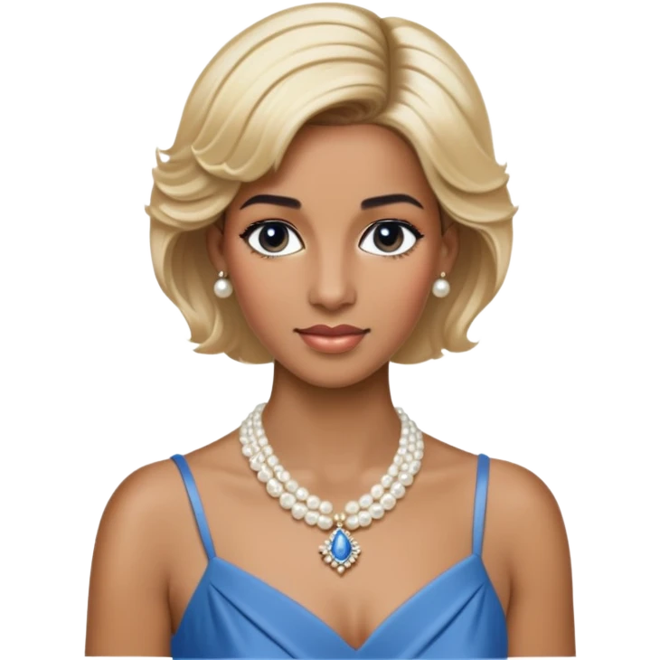 black woman with Princess Diana's iconic short blonde hairstyle, pearl necklace, and elegant blue dress emoji