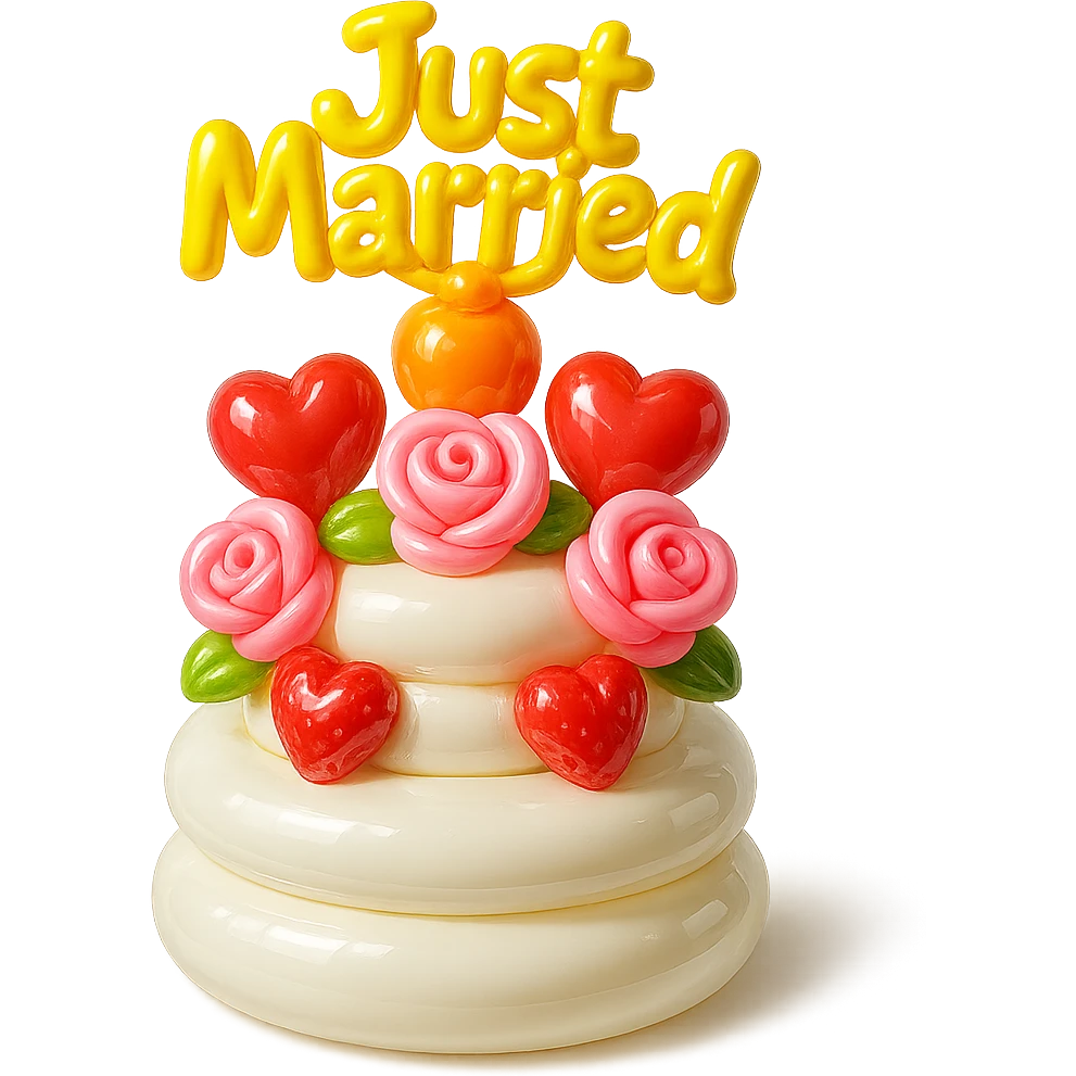 white wedding cake with strawberries, pink roses, 'Just Married' topper, balloon style emoji
