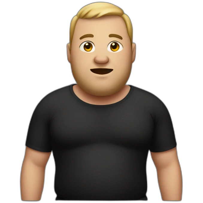 Make fat man wearing all black without a tshirt and holding a iphone emoji
