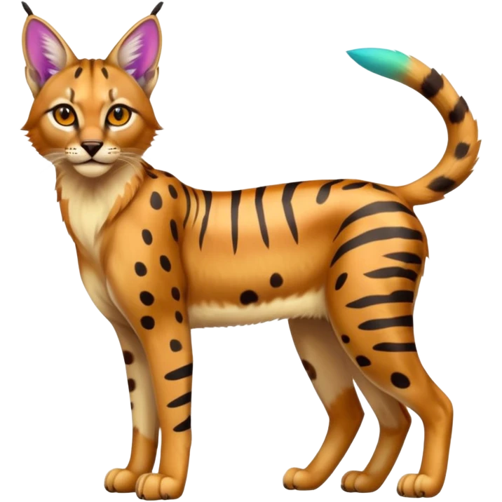 Colorful cartoon bright shiny vibrant iridescent neon tropical exotic anime Striped and spotted Lynx-Caracal-Serval-hybrid full body emoji
