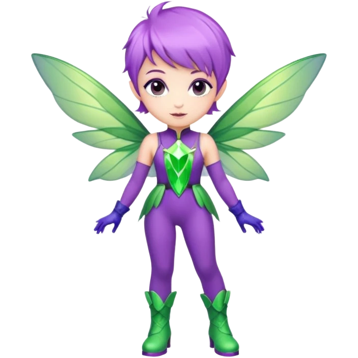 Fairy with violet pixie cut hair, green electric wings, light purple jumpsuit and purple boots with light purple gloves and a green gem on her chest emoji