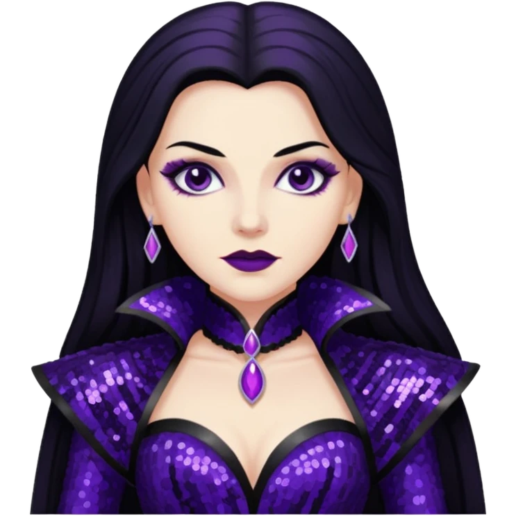 Countess Dracula from Universal Monsters with long jet black hair, dark purple sequin outfit  emoji