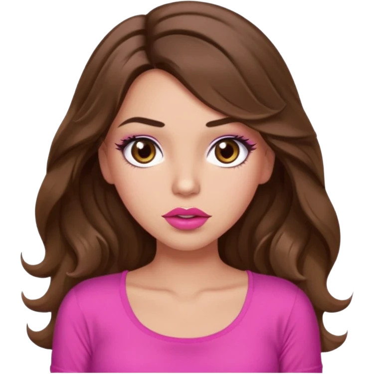 girl with long wavy brown hair, brown eyes, light to medium complexion, in a pink sexy top, pink puckered lips, long lashes, shrugging emoji