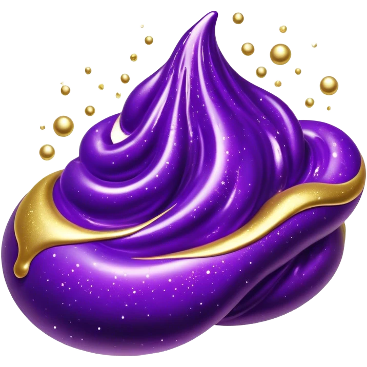 Cinematic Realistic Shiny Slime Mixed with Glitter, thick and glossy with swirling metallic flecks suspended inside, a dynamic mix of deep purple and golden sparkles, light catching every shimmer, flowing smoothly with realistic folds and ripples, glowing with an enchanting, almost liquid-metal effect. emoji