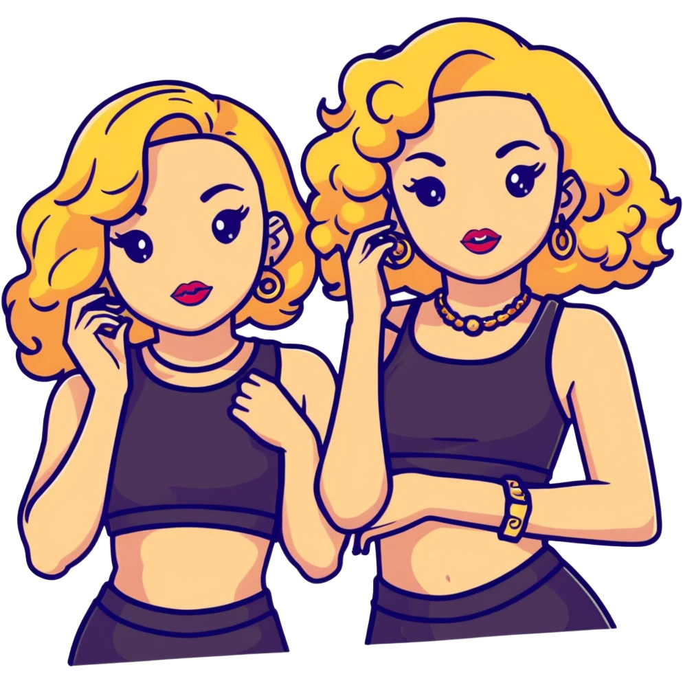 Two teenage girls together, one blonde and one with curly brown hair, both with heavy makeup, big lips, crop tops, gold jewelry and flashy choni style outfits emoji