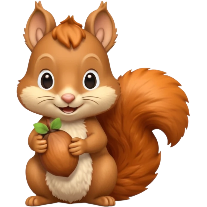 A 3D cartoon squirrel holding an acorn, fluffy tail curled up, orange-brown fur, happy face, soft natural light, Memoji-style look. emoji