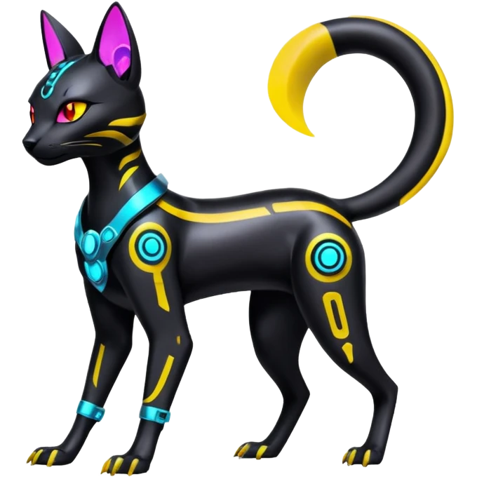 Futuristic Glowing shiny cyberpunk-Bastet-Umbreon-Salandit-fusion (full body) emoji