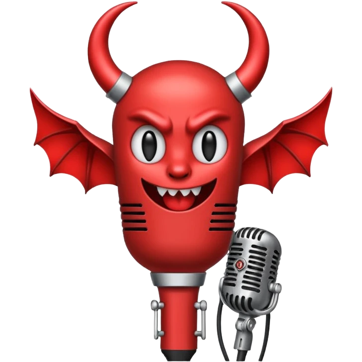 Minimalist emoji-style sticker of a classic retro microphone with small devil horns and a subtle tail wrapping the base. Grayscale with slight red accents.
 emoji