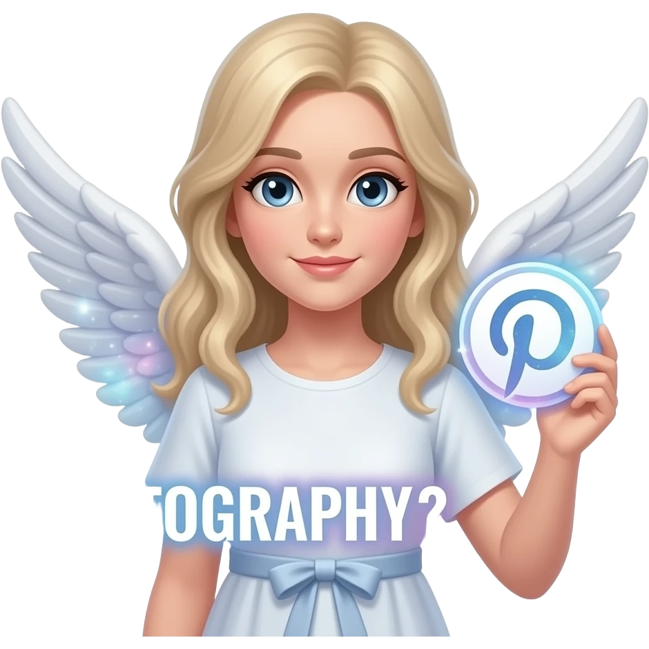 An ethereal angel, hand made of starlight holding a crystalline Pinterest logo on right hand, looking at viewer. A glowing, bokeh text: 'PHOTOGRAPHY?' on the bellow left hand. Glowing nebula colors, isolated on white, bold 3D icon emoji