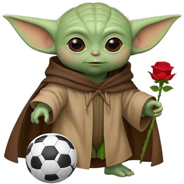 baby yoda kicking a soccer ball with small roses beside him emoji