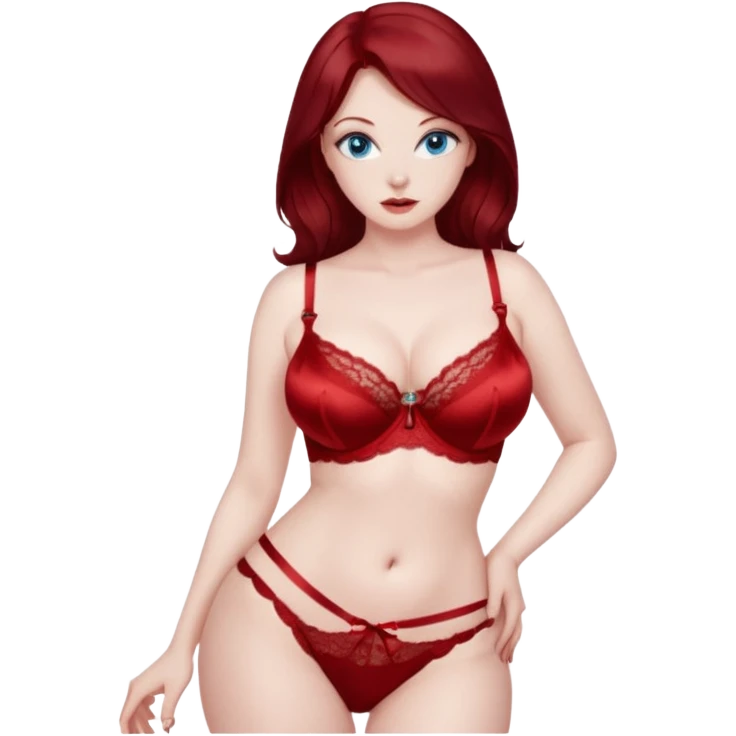 MILF very wide hips big bust dark red hair blue eyes pale skin lingerie emoji