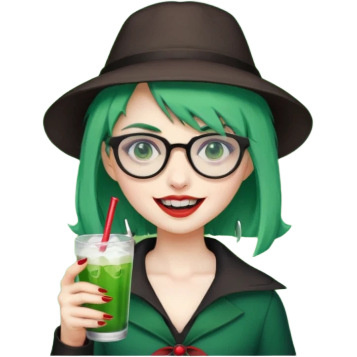 vampire green hair Drink holders with hat, wearing glasses, female,,teeth looks like vampire emoji