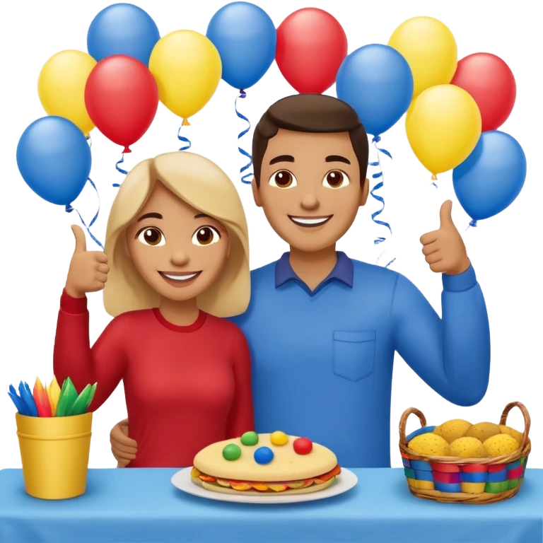 party table decorated with red blue and yellow colors, including a backdrops, balloons arch, streamers and more. On the table are intricate displays of colombian arepas, and baskets of money. In the forefront is a woman and man in simple clothing, big smiles and big thumbs up emoji