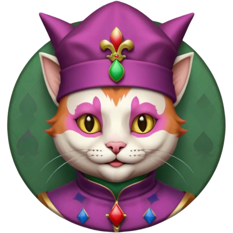 court jester cat medieval, single poker card joker clearly visible, pink, face only, round badge,  court jester cap emoji