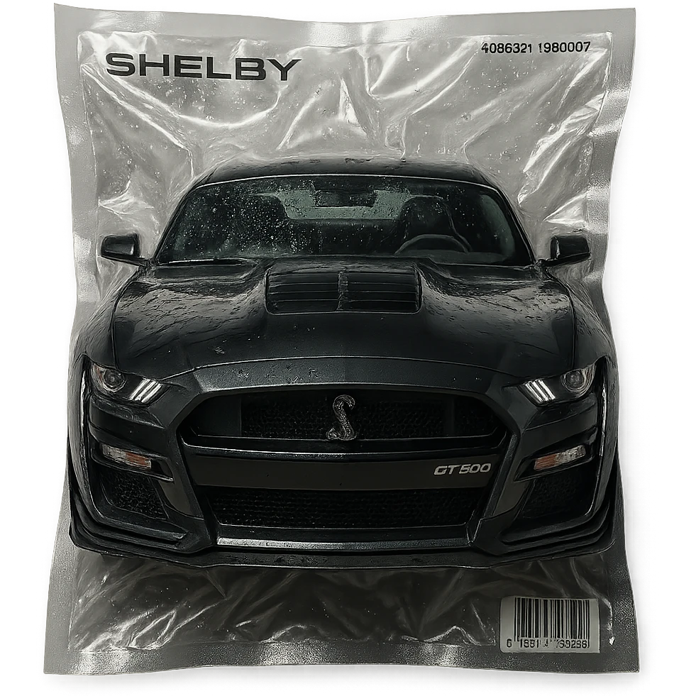black Shelby Mustang GT 500, viewed from the front, vacuum-sealed in clear plastic emoji