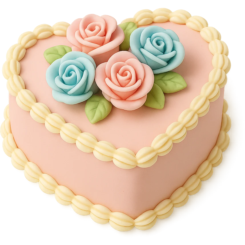 heart-shaped fondant cake with piped roses, fondant cake art style emoji
