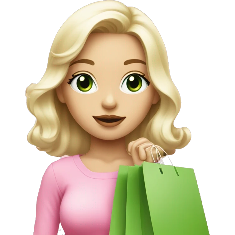 cute platinum blonde with green eyes wearing pink surrounded by pink shopping bags emoji