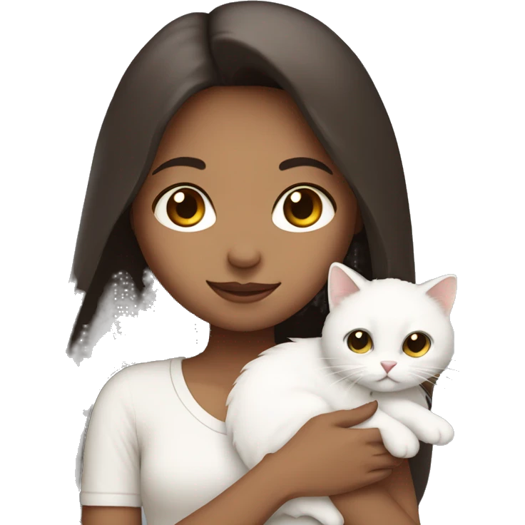 Dark brown straight hair girl holding white fluffy cat  emoji