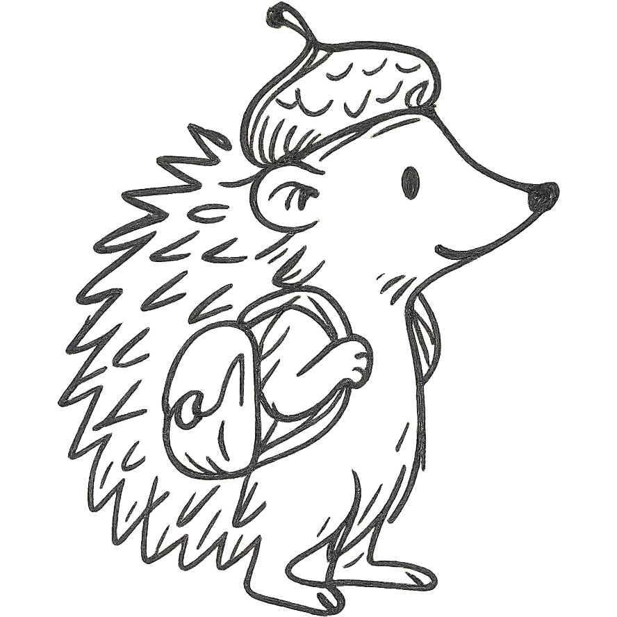 hedgehog with a tiny backpack and acorn hat, muted browns and sage green, hand-drawn forest style emoji