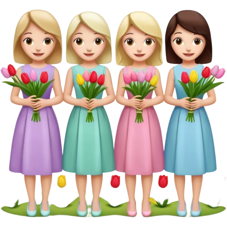 5 girls at a garden party wearing pastel dresses and holding tulips emoji