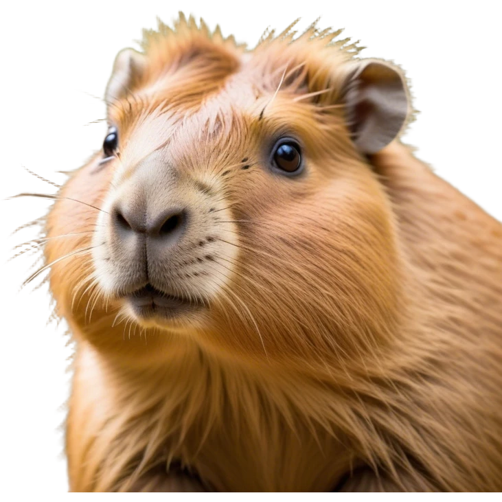 Cinematic Cute Capybara Portrait Emoji, Head tilted playfully and inquisitively, with a delightfully fluffy, rounded form and a distinctively endearing capybara face marked by a short snout and petite ears, accented by luxuriously soft fur in warm earthy tones and bright, sparkling eyes full of charm; rendered with intricate, realistic detail and natural highlights, high shine, affectionate and lively, styled with a touch of whimsical cuteness, soft glowing outline, capturing the essence of a mischievous yet loving capybara that seems poised to tumble playfully into your arms! emoji