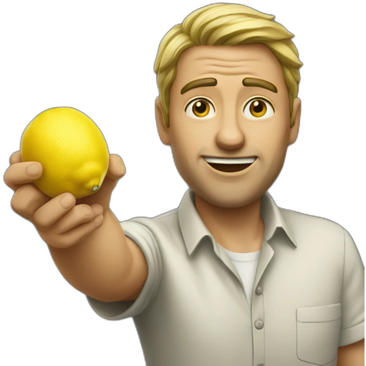 a man who pointed in front of him with a lemon in his hand without laughing emoji