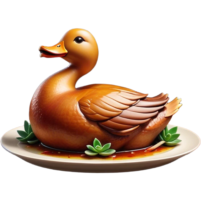 Cinematic Realistic Peking Duck Dish Emoji, depicted with crispy, roasted duck with glistening skin and succulent meat, rendered with rich textures and dramatic, appetizing lighting. emoji