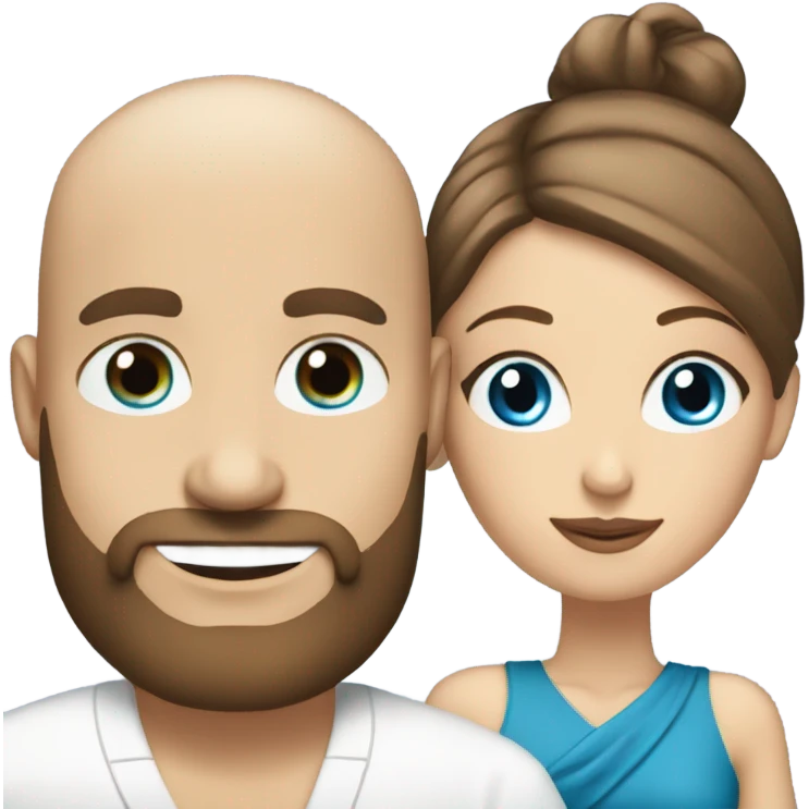 Bald man with beard and long straight brown haired woman with blue eyes  having a tea Time  emoji