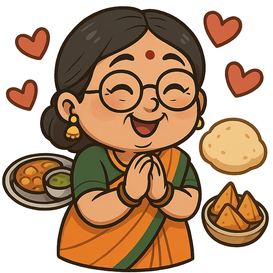 loving Indian auntie in traditional saree, hands clasped in excitement, surrounded by hearts and food, cartoon sticker emoji style, joyful slightly nosy expression emoji