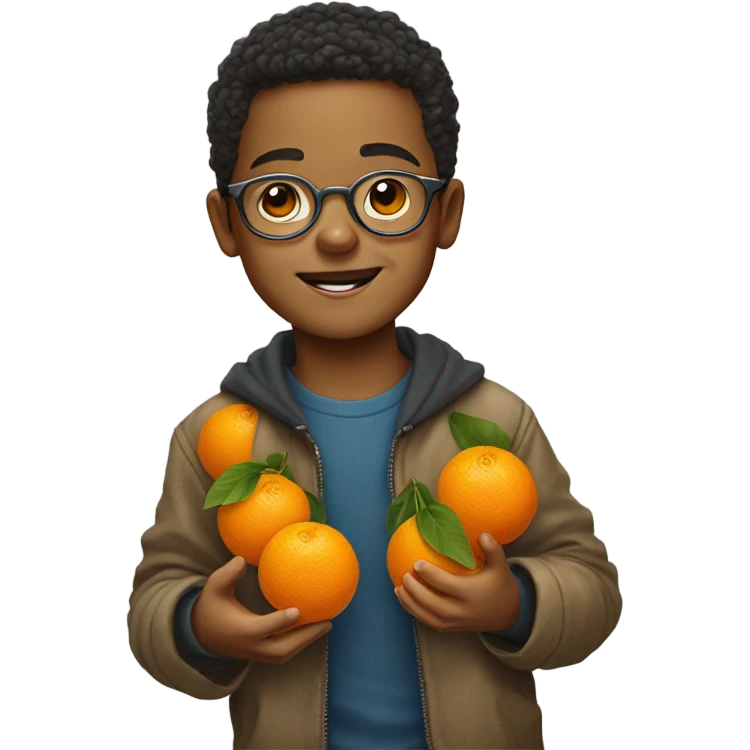 portrait of a cute boy with mandarin oranges for chinese new year plus round metal frame specs emoji