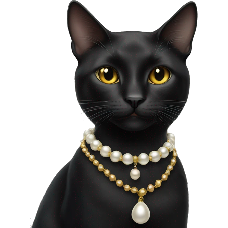 beautiful female black cat wearing gold and pearl necklace  emoji