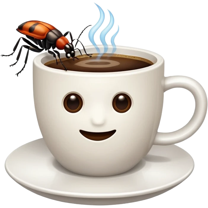 a white cup of coffee with a bug floating in it emoji