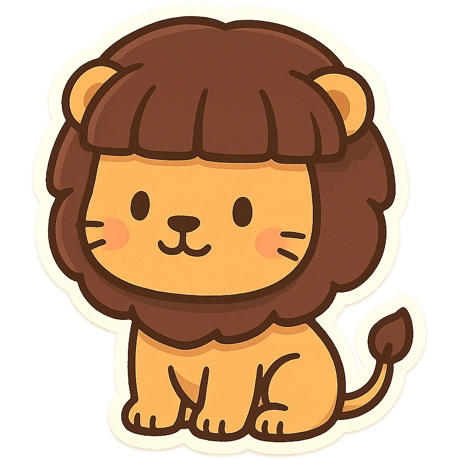 stylized lion with round face and bowl haircut, simple background, chibi stickers style emoji