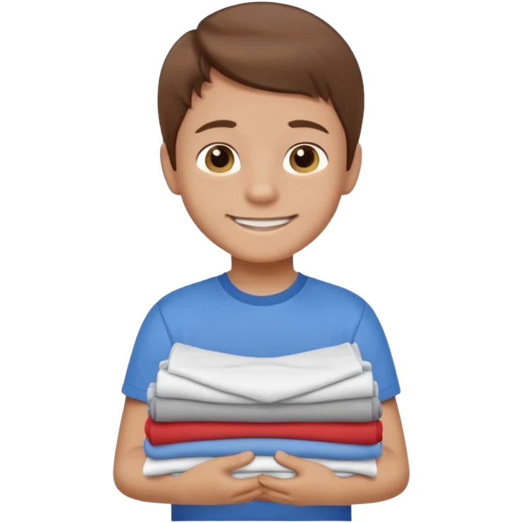 Little boy with brown hair smiling and carrying a stack of clean folded clothes emoji