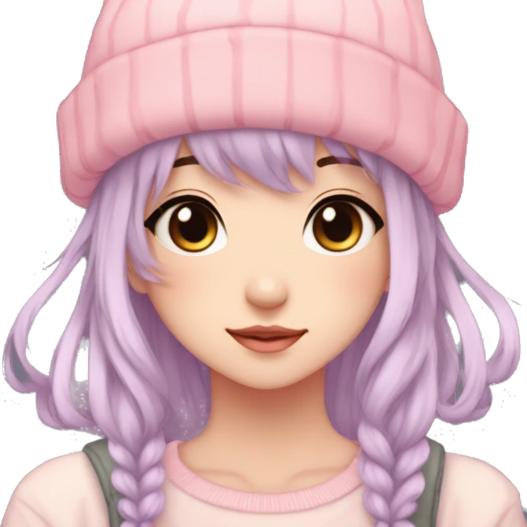 Gorgeous pastel anime girl with blushing face and hair garnitures and pretty hair and a beanie aesthetic trending style emoji