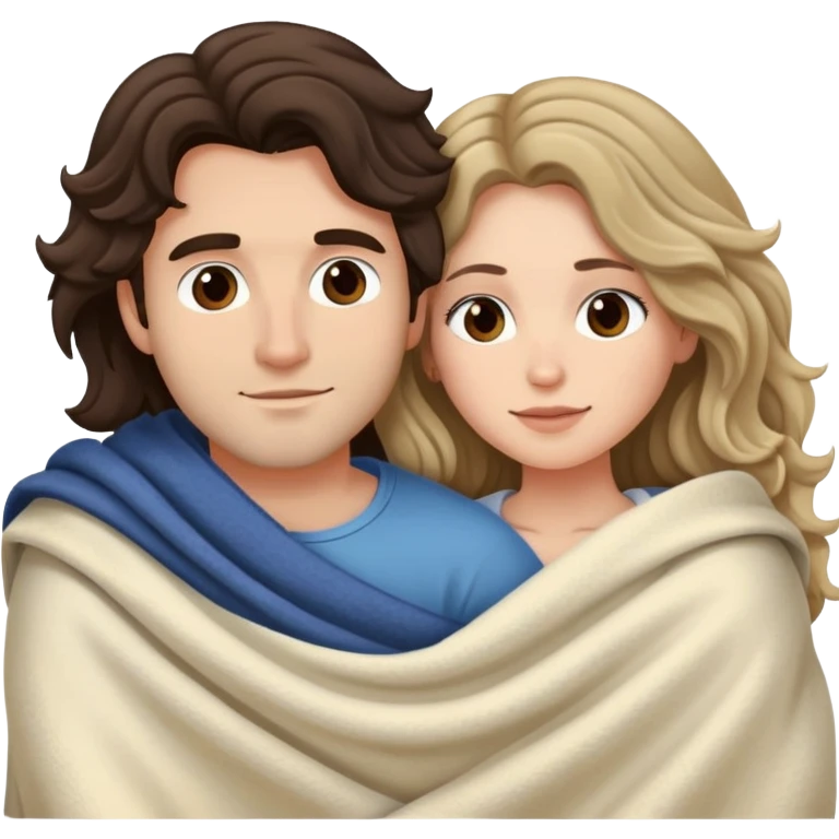 Man with dark brown wavy hair and one woman with long dark blond wavy hair in bed cuddling with blanket emoji