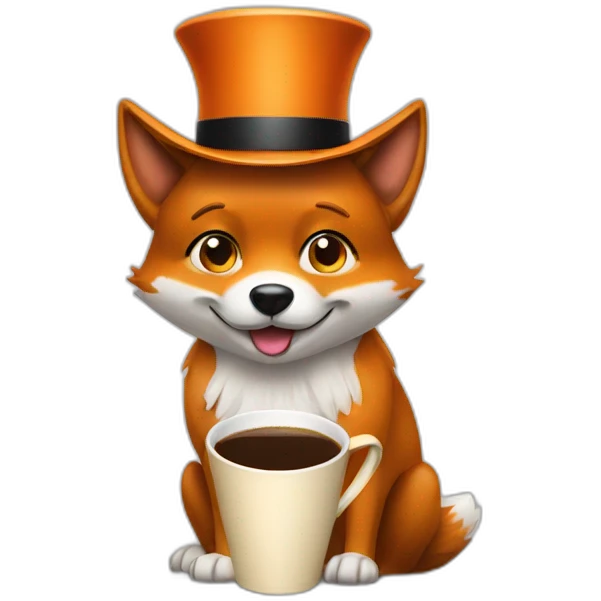 A dog looking like a fox drinking coffee wearing a high hat emoji